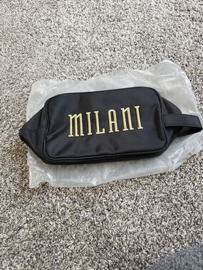 Milani NWT Black Travel Cosmetic Bag with Gold Embroidered Logo